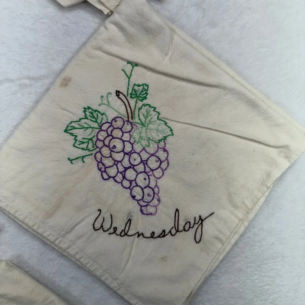Vintage Tea Towels Days the Week Fruit Hand Embroidered Set of 5 Cream Kitschy